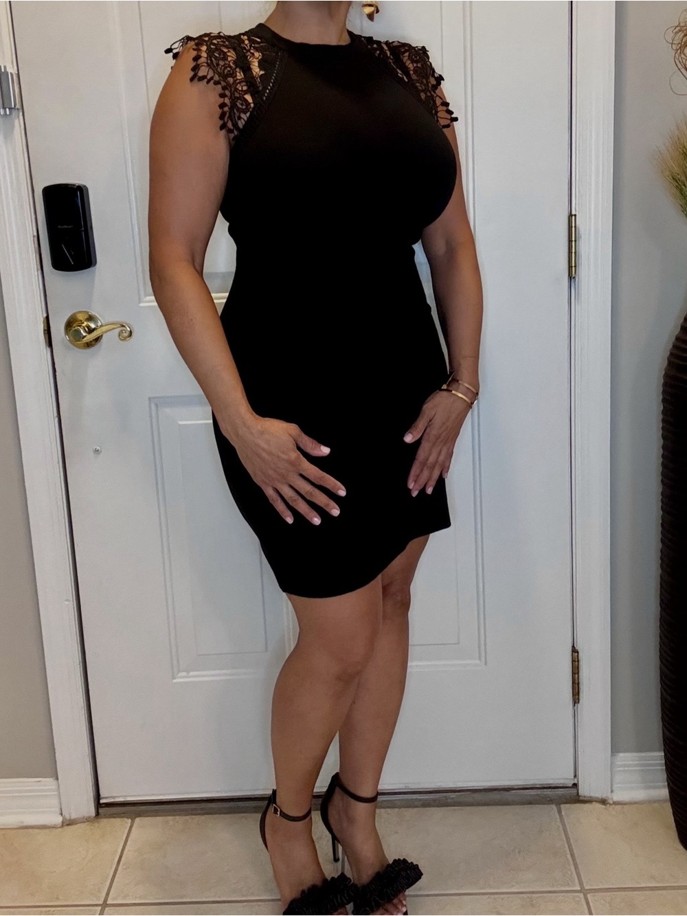 iris Black Lace-Shoulder Mini Dress